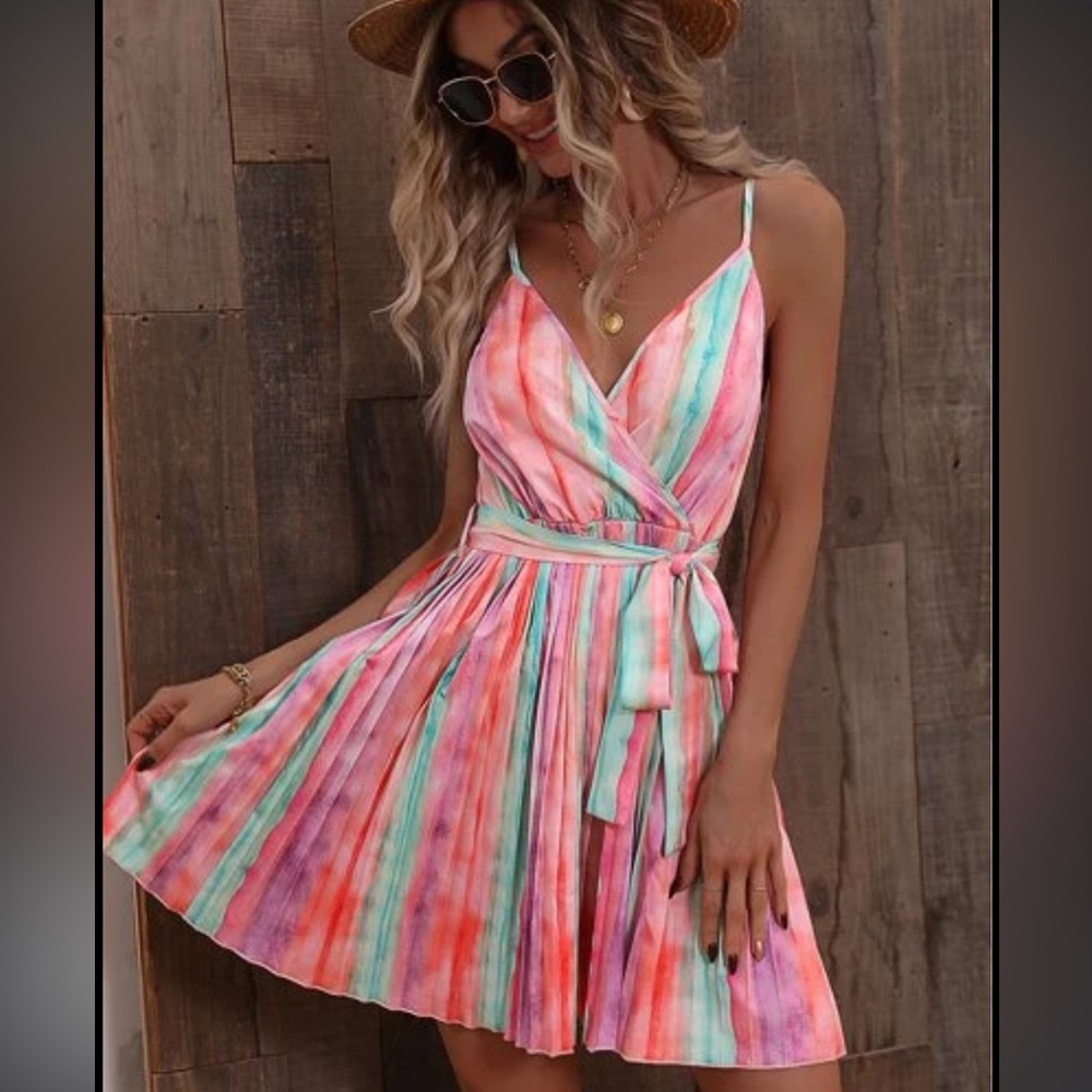 NWOT SHEIN Vcay pleated V-neck watercolor mini dress, sz XL